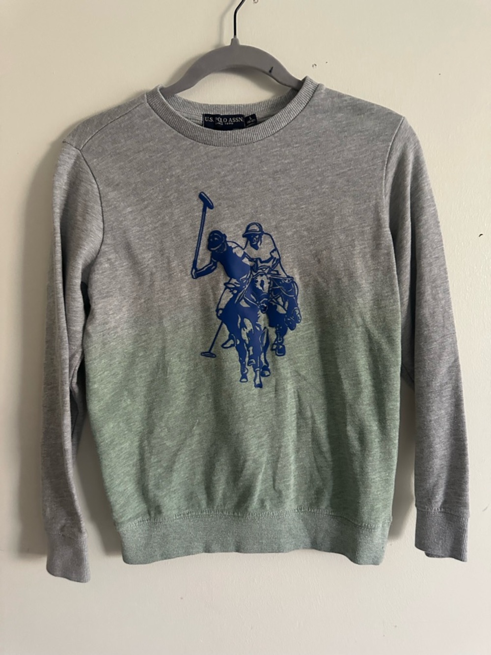 U.S. Polo Assn. Boys Grey to Green Ombre Crewneck Sweater with Blue Logo size l